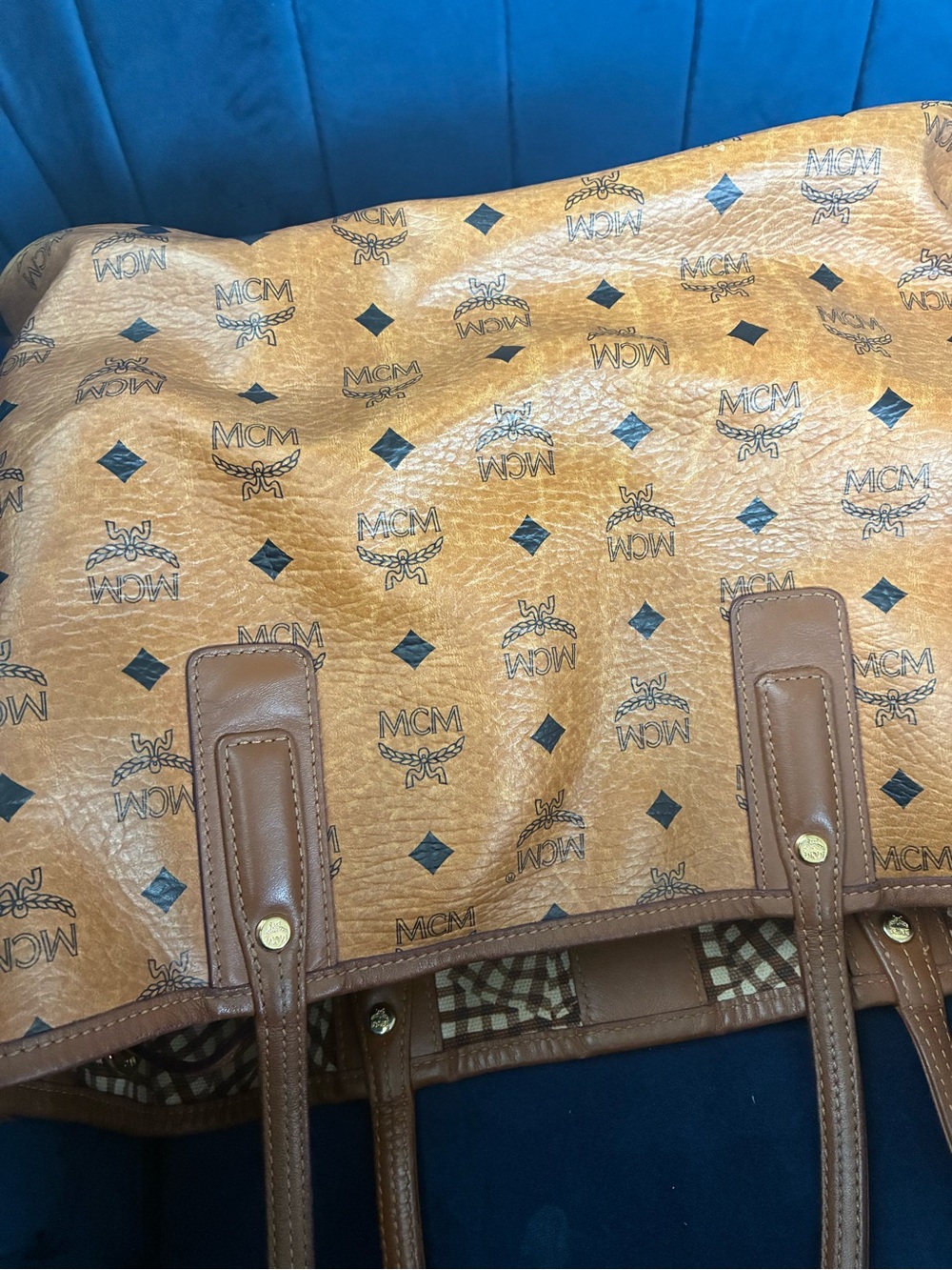 MCM Cognac Logo Visetos Tote with Brown Trim - Picture 3 of 8